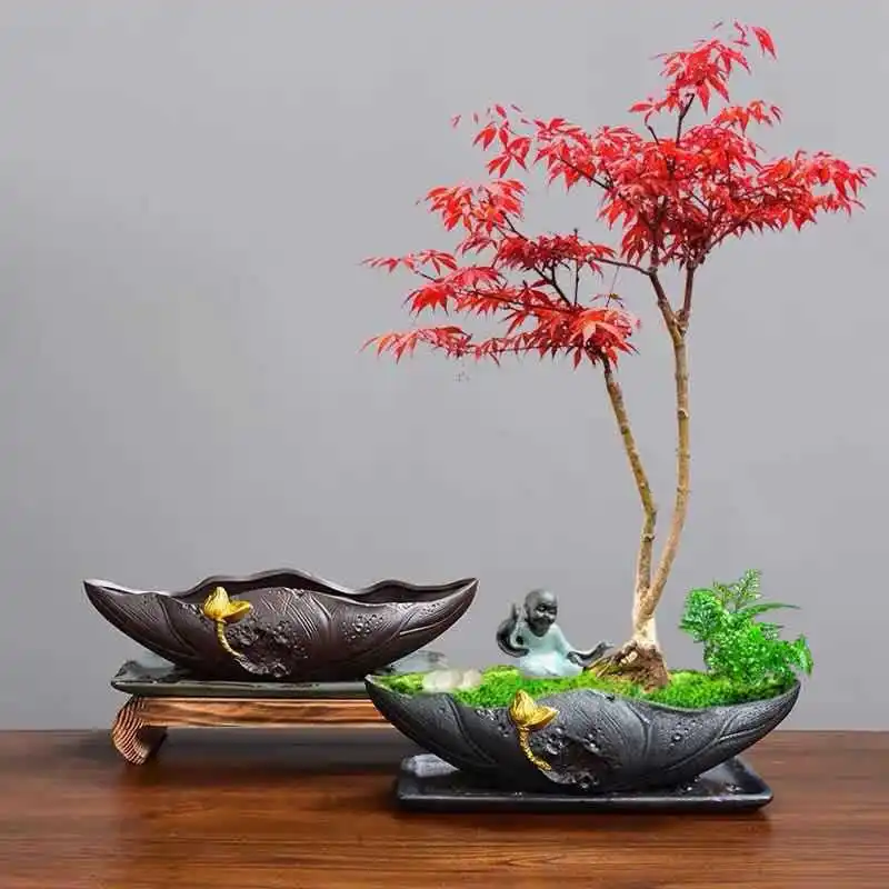 

Desktop flower pot landscaping micro landscape bonsai pot creative ceramic painting gold black pottery pot bamboo planting pot