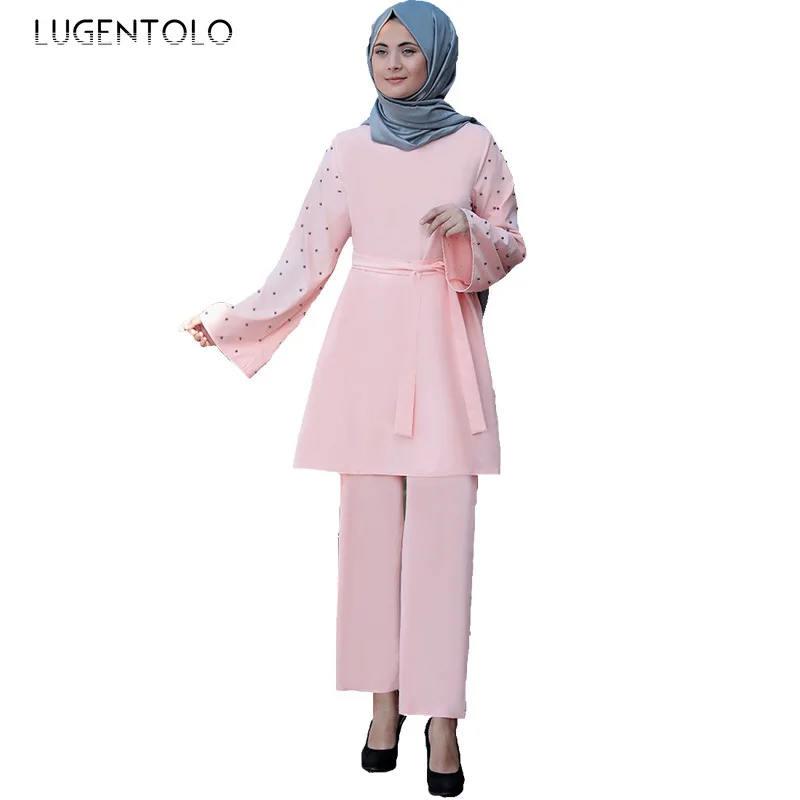 

Lugentolo Women Two Piece Set Fashion Muslim Beaded Large Size Solid Long Sleeve Elegant Lady Long Straight Pants Casual Sets