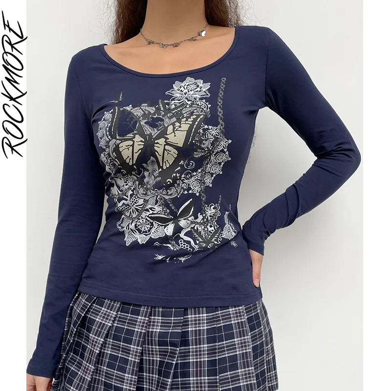

Rockmore Vintage Print T-shirt Women Y2K Casual Long Sleeve Pullovers Tops Dark Academia Graphics Tee Shirt Fairy Grunge Clothes