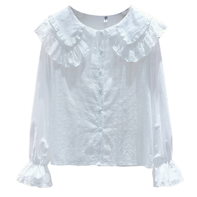 

Solid Sweet Top Peter Pan Collar Flare Sleeve Blouse Women Single Breasted Full Shirt