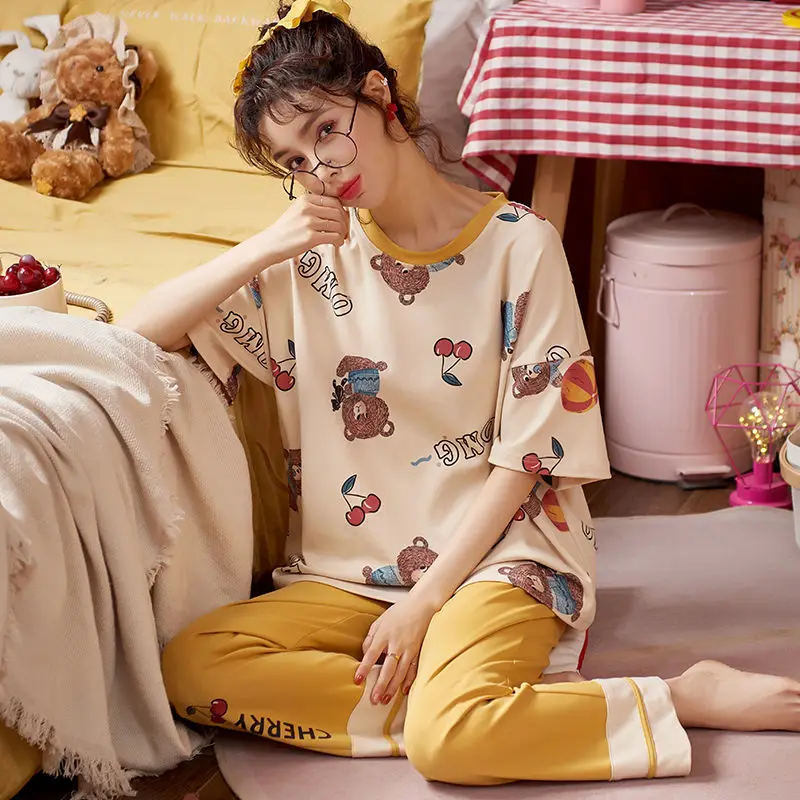 

2021 Spring Summer Women's Short-Sleeved Trousers Cotton Girls Cute Thin Homewear Suit Loose Urban Leisure Large Size Pajamas