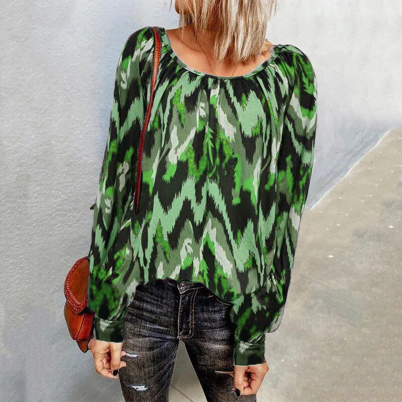 

Women 2021 Fashion Pleated Design Round Neck Shirt Retro Long Sleeve Blouse Streetwear