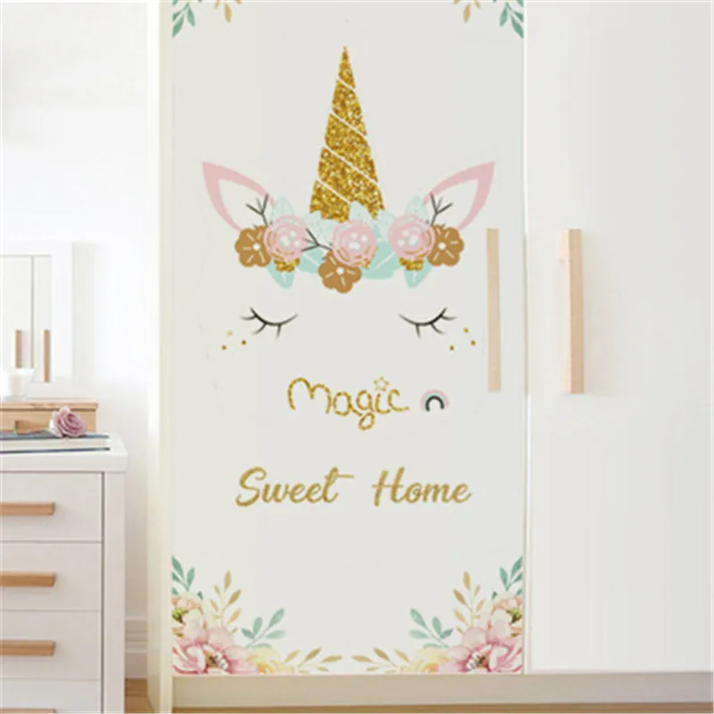 Розовая наклейка на дверь в виде единорога для детской комнаты домашний декор