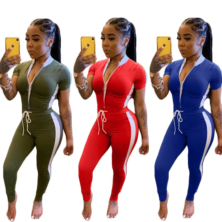 

Женский Повседневный Спортивный костюм из двух предметов, топ на молнии с воротником-стойкой и коротким рукавом и длинные брюки-карандаш