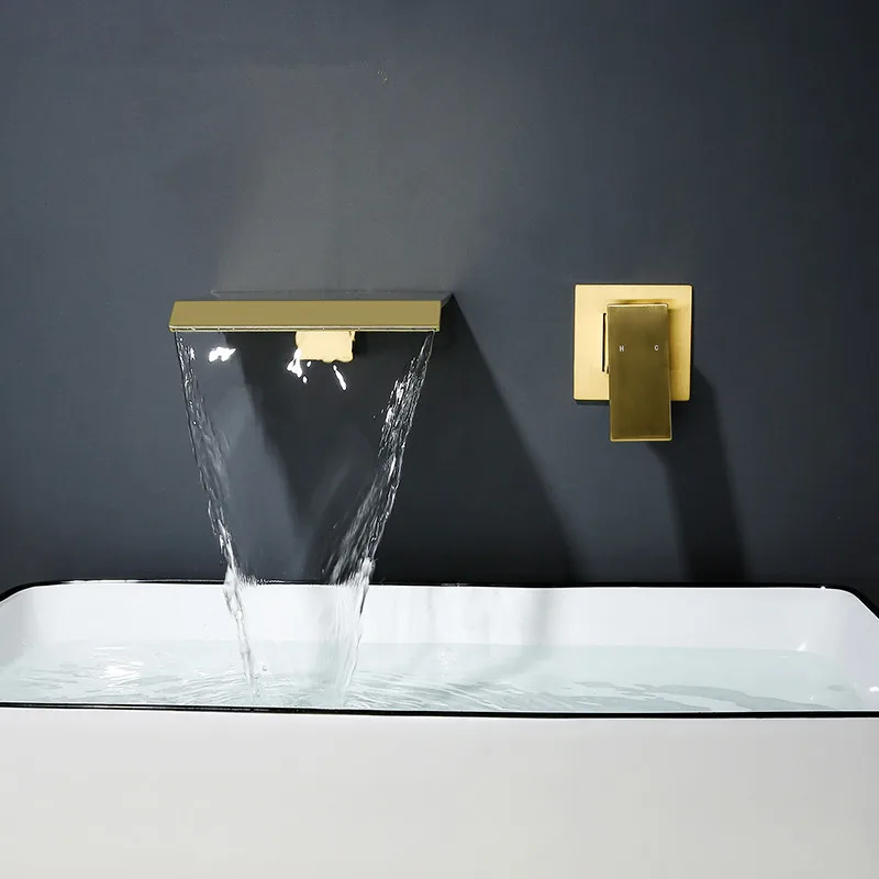 

Медный смеситель для раковины типа «Водопад», настенный кран из латуни для ванной комнаты, одна ручка, два отверстия, матовый золотой/черный