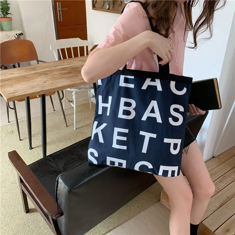 

Letter Print Handbag,Women's Canvas Casual Tote Bag,Larger Shoppers,Foldaway Travel Bag,16 Inch Shoulder Bag