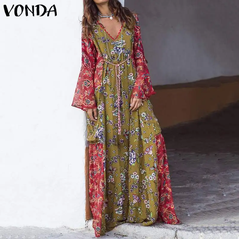 VONDA Plus Size Women Bohemian Maxi Dress Casual Sexy V Neck High Waist Long Sleeve Bohemian Holiday Long Party Vestido 5XL