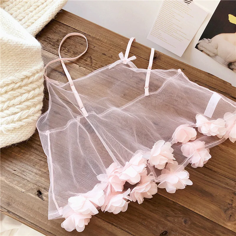 Wriufred sexy petal bud bra set silk gauze transparent vest underwear set pajamas set nightie sweet fairy