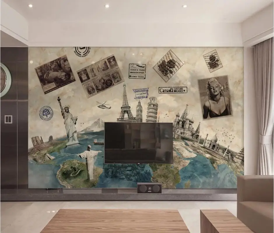 

AINYOOUSEM Marble nostalgic world poster building background wall papier peint papel de parede wallpaper 3d wallpaper stickers