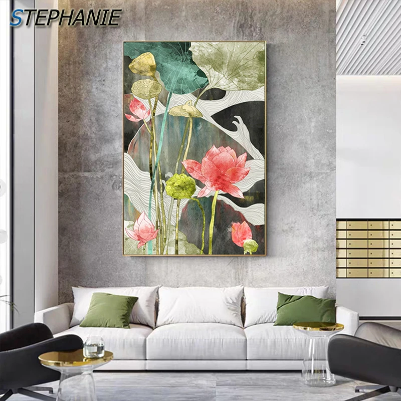 Картина на холсте с изображением японского розового цветка постер зелеными
