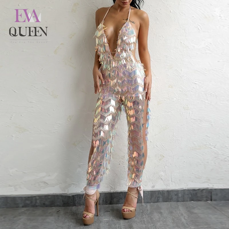 Женский комбинезон с глубоким v образным вырезом EvaQueen однотонный блестками и
