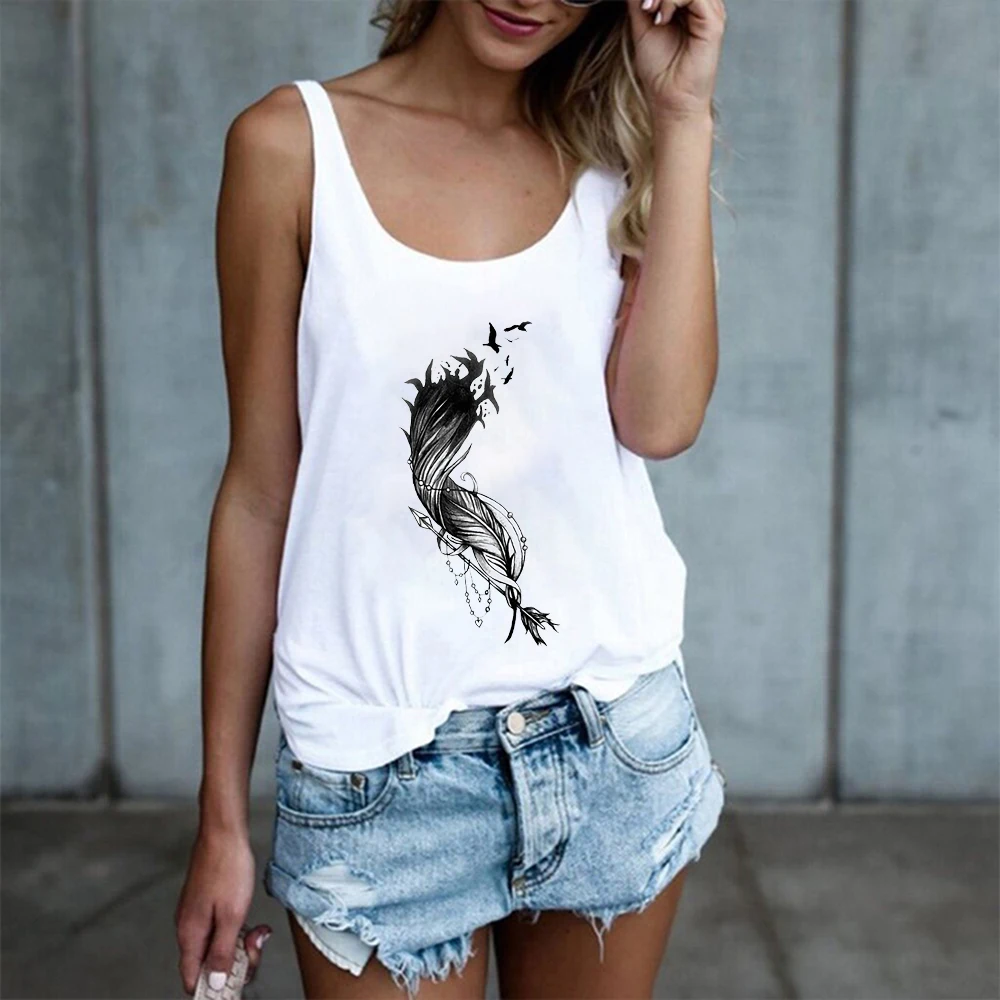 

Vintage Feather Print Tank Tops Women Round Neck Sleeveless Loose Summer Tank Tops Csual Vest for Ladies Camiseta Tirantes Mujer