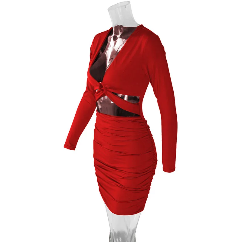 

Autumn Sexy V-neck Long Sleeve Party Mini Dress Metal Ring Hollow Skinny Pencil Dress Women Bodycon Dress