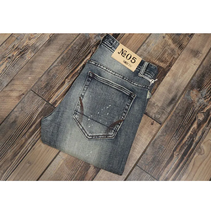 Italian Vintage Fashion Men Jeans High Quality Elastic Cotton Slim Fit Retro Ripped Jeans Men Painted Designer Denim Punk Pants