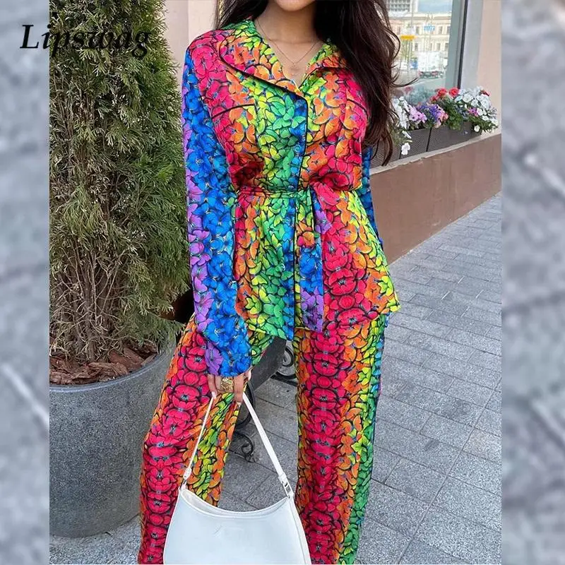 

Женская пижама с принтом бабочки, повседневный комплект из 2 предметов, рубашка с длинным рукавом на пуговицах и брюки, домашние костюмы