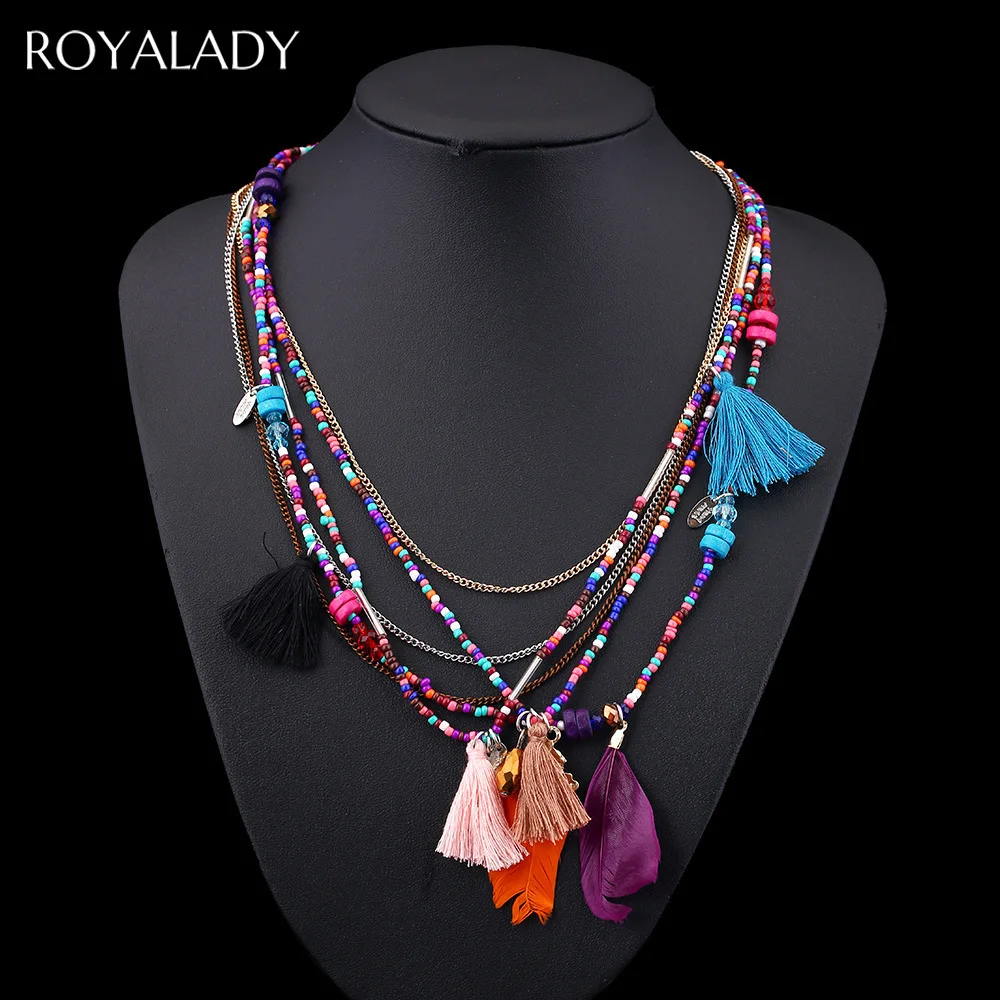 Винтажное разноцветное многослойное перо кулон длинный кисточек чокер ожерелье