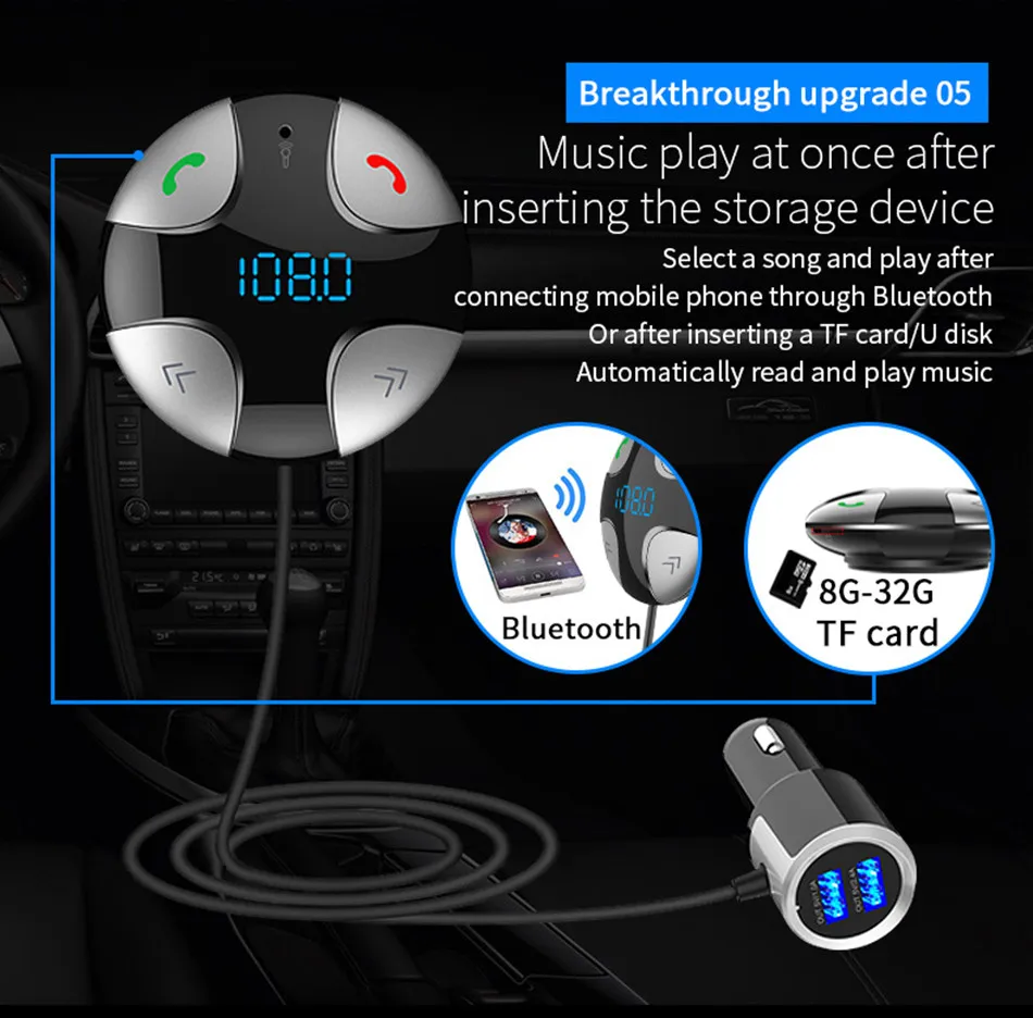 USB быстрое автомобильное зарядное устройство Bluetooth приемник Магнитный fm-передатчик модулятор Автомобильный AUX беспроводной радио адаптер MP3 плеер и микрофон