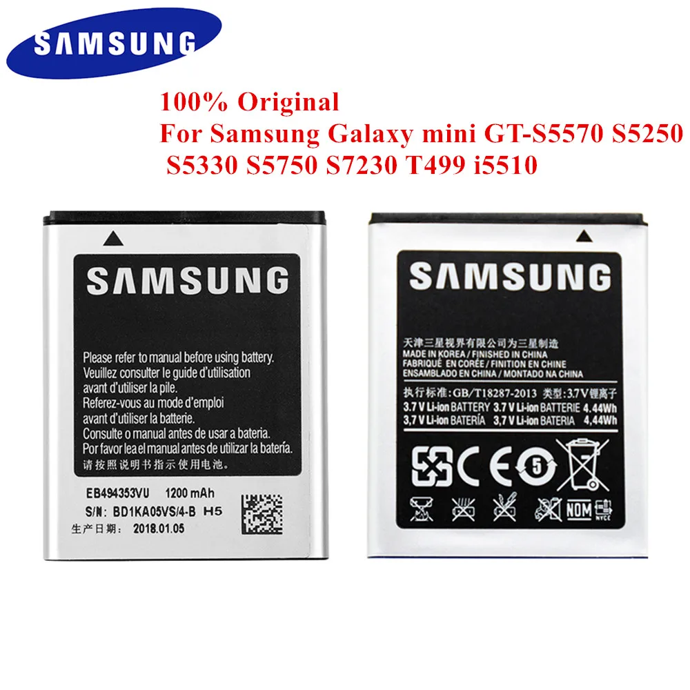 100% Оригинальный аккумулятор EB494353VU для Samsung Galaxy Mini GT S5570 S5250 S5330 S5750 S7230 S5232 C6712 T499 I5510