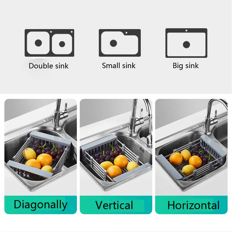 Kitchen Sink Retractable Stainless steel Drain Basket For Fruit Vegetable Dishes Bowl Drying Dryer Accessories | Дом и сад