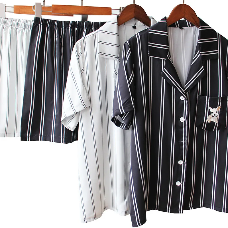 

Short Sleeve Pajamas Suit Female Sleepwear With Buttons Satin Stripe Nightwear Lingerie Lapel Embroidery Home Wear With Trouers