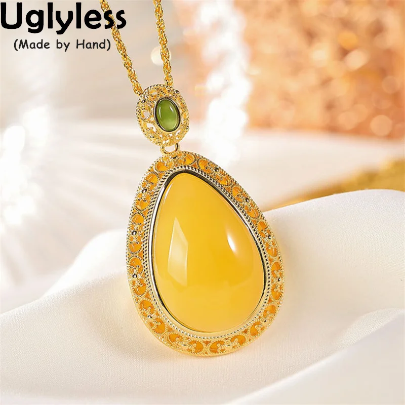 

Uglyless Water Drop Amber Pendants for Women Chicken Oil Amber Beeswax Necklaces NO Chain Luxury Big Gemstone Jewelry 925 Silver