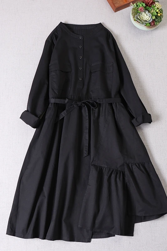 

Women Asymmetrical Dress Spring Autumn long sleeve casual dress Double Pockets solid dress