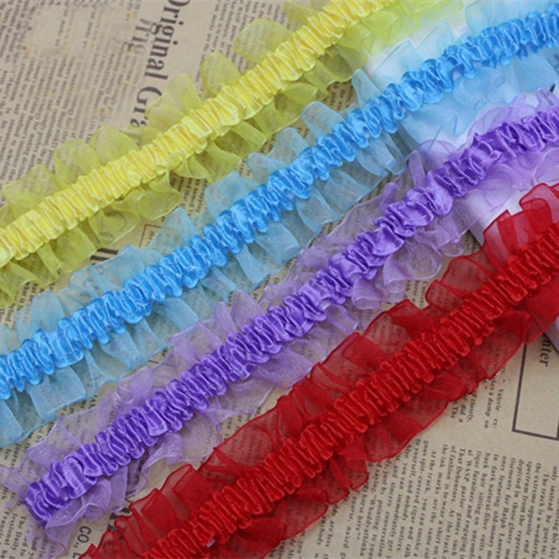 40meters/lot 4cm Wide Elastic Organza Ruffle Ribbon Stretched Pleated lace trim DIY hair head decoration materials fold lace