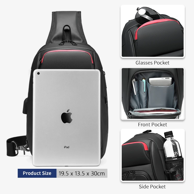 

2020 New 9.7 inch iPad Crossbody Bag Men Waterproof USB Charging Chest Pack Short Trip Messenger Sling Shoulder Chest Bag Male