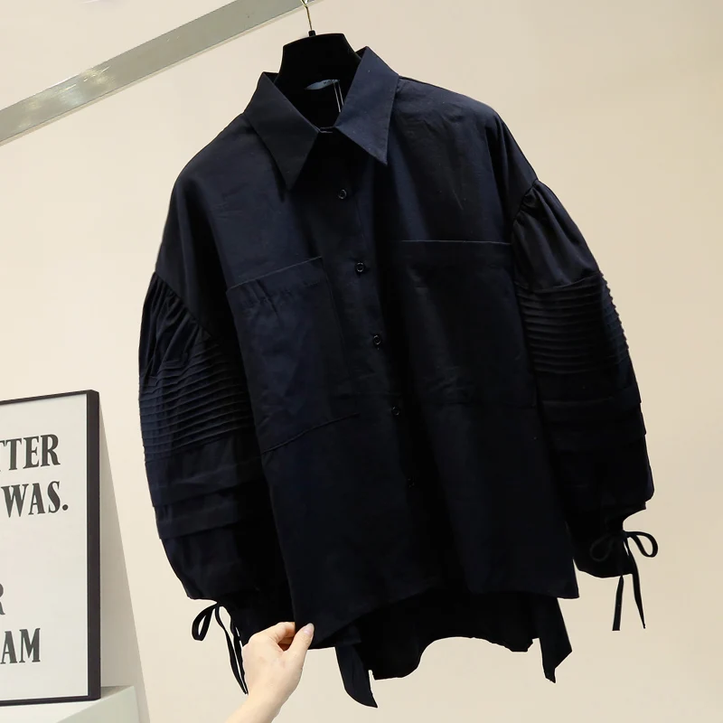 

2021 Women Black Blouse Office Lantern Sleeve Front Short Back Long Big Pockets Wrinkle Loose White Shirt Women