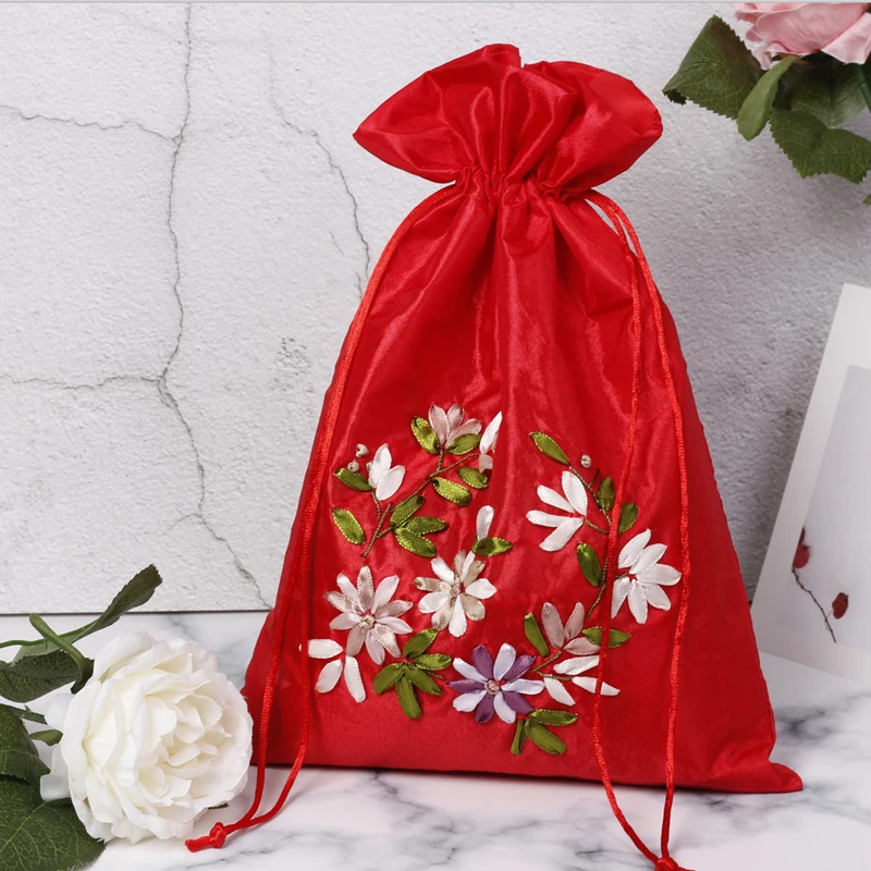1pc Embroidered Small Satin Jewellery Pouch Gift Packaging Bags Handmade Ribbon Embroidery Drawstring Empty Sachet | Дом и сад
