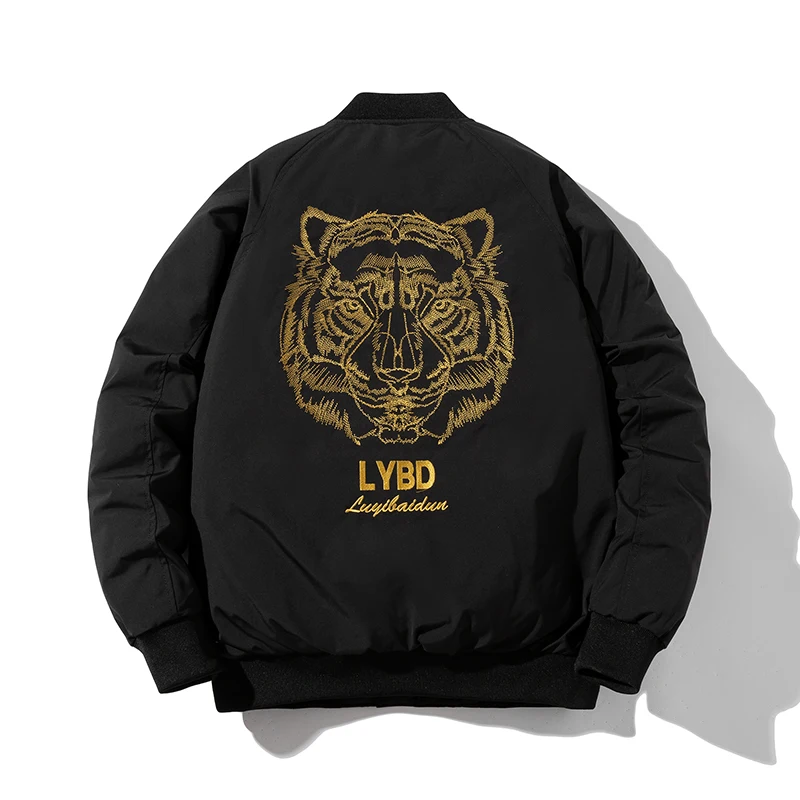 Bomber jacket men Tiger embroidered with Removable hood Casual Vintage Thick Warm Winter Coat Zip Windbreaker Windproof Outwear