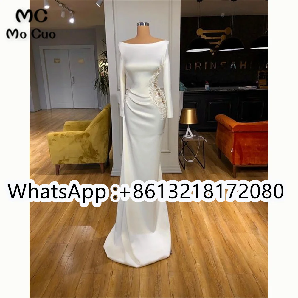 

2021 White Long Sleeve Prom Evening Dresses with Pleat Appliques Silk Satin Court Train Robe De Soiree Party Prom Gown