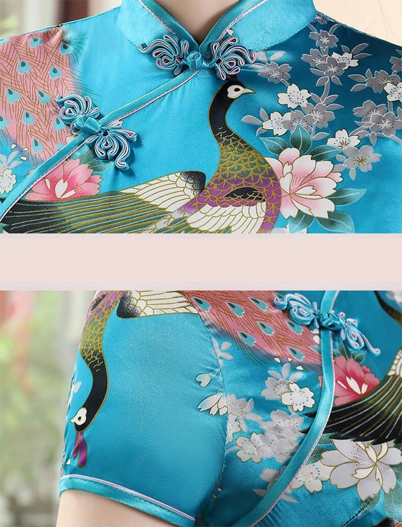 Китайское национальное весеннее длинное платье Cheongsam из павлина с цветочным