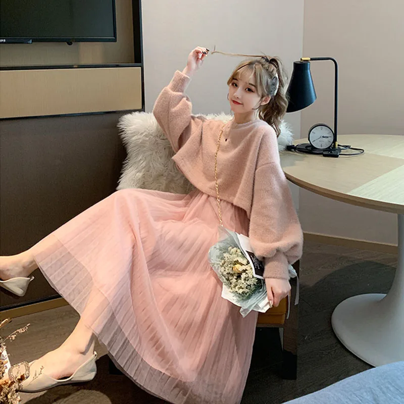 

Women Knitted Sweater Dress Sweet Two Pieces Suit Spring Autumn O Neck Sweaters Spaghetti Strap Dress Set Female Knee-Length