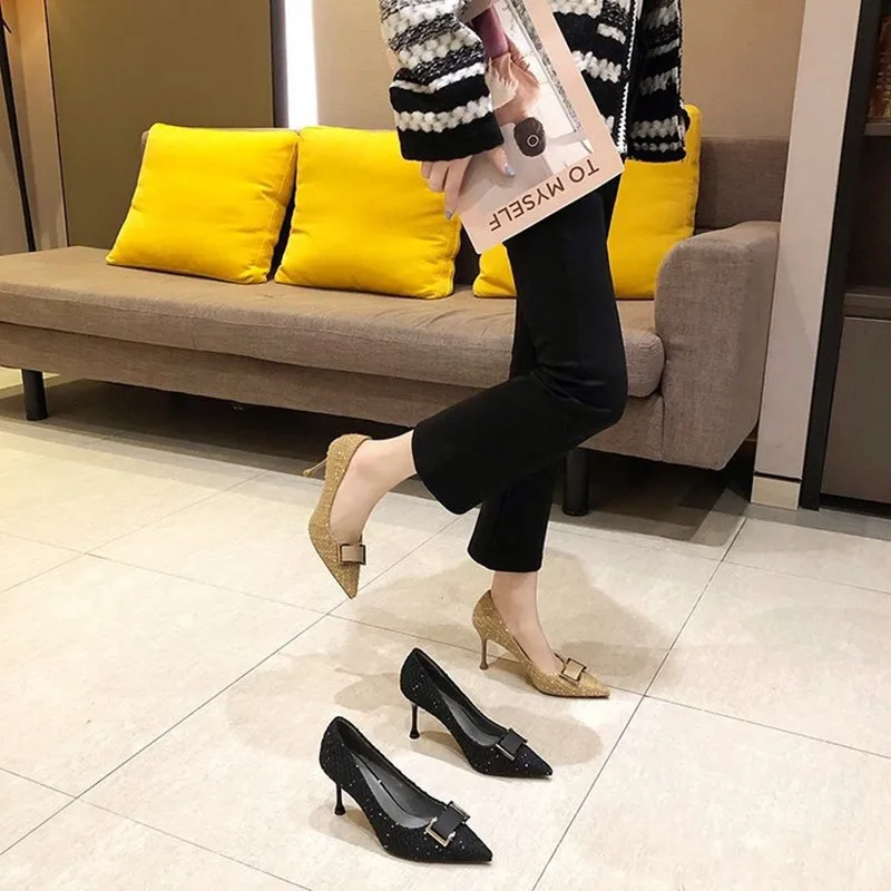 

2021 Summer Women's High Heels New Pointed Shallow Mouth Woven Square Buckle Stiletto Single Shoes Fashion High Heels Breathable