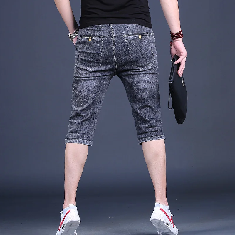 New Men's Jeans Summer Korean Style Lightweight Dark Gray Thin Slim Fit Stretch Denim Calf-Length Pants