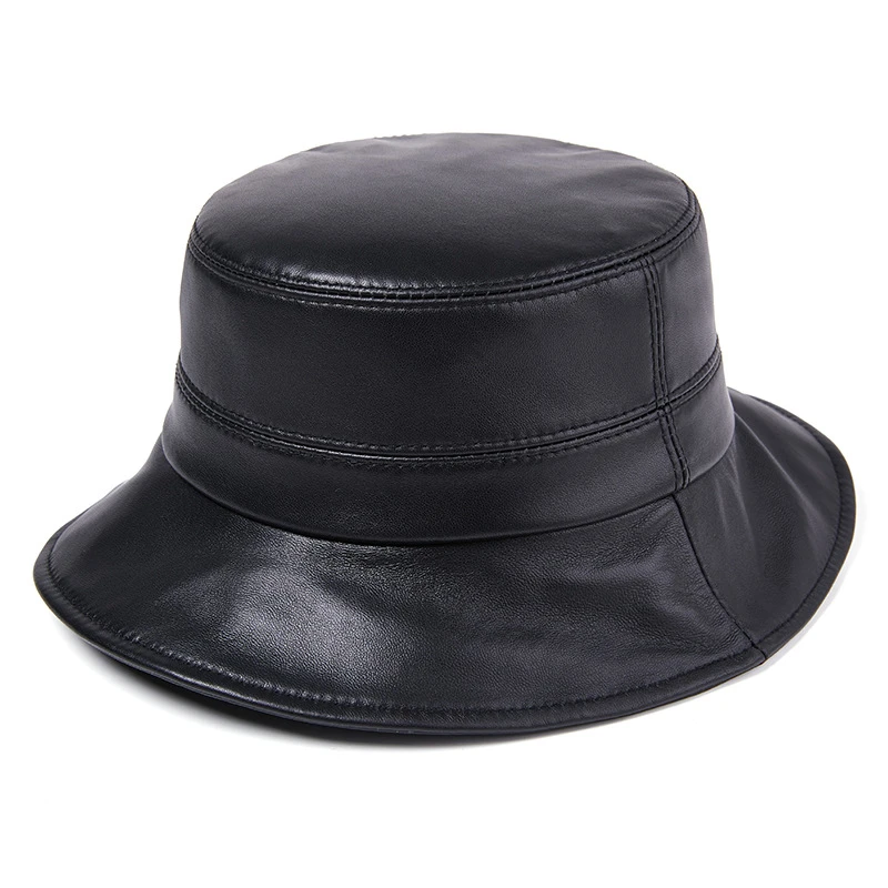 

Genuine Leather Women Hats Solid Black Bucket Hats Japanese Vintage Sheepskin Ladies Autumn Winter Brand Fishing Hats