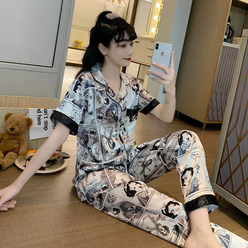 Disney Cartoon Snow White Short Sleeve Silk Pajamas Autumn Women Pajama Sets Silk Pijama Suit Sleepwear Pyjamas Nightwear Set
