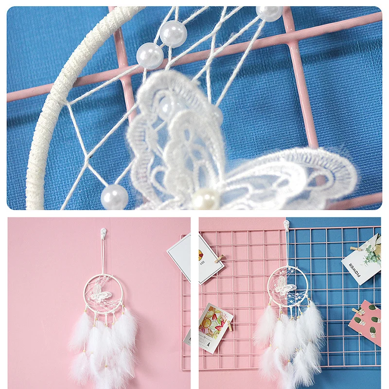 

JW-White Butterfly Dream Net Catcher Wind Chime Ornaments Lace Ribbon Feather Wrap Light Girls Room Decoration