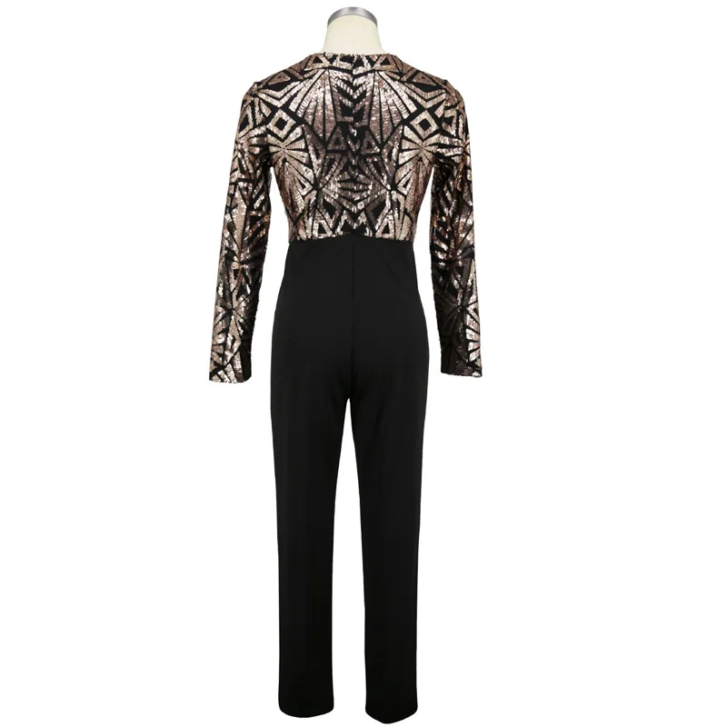 

Party Wear Sequins Stitching Bandage Jumpsuit Sexy V Vacuum Collar Tights Party Long Sleeve Loose Straight Pants Ladies Jumpsuit