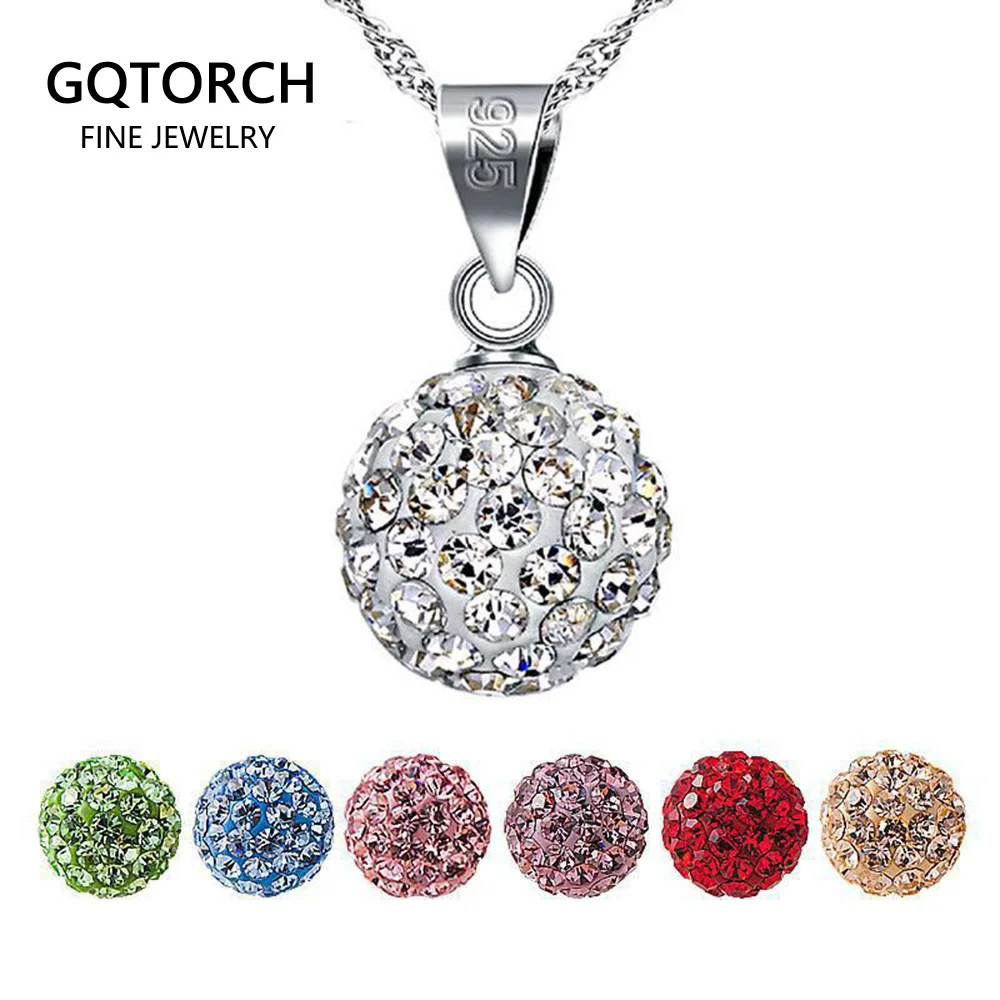 Серебро 925 пробы полностью Стразы хрустальный шар подвески ожерелье 7 цветов
