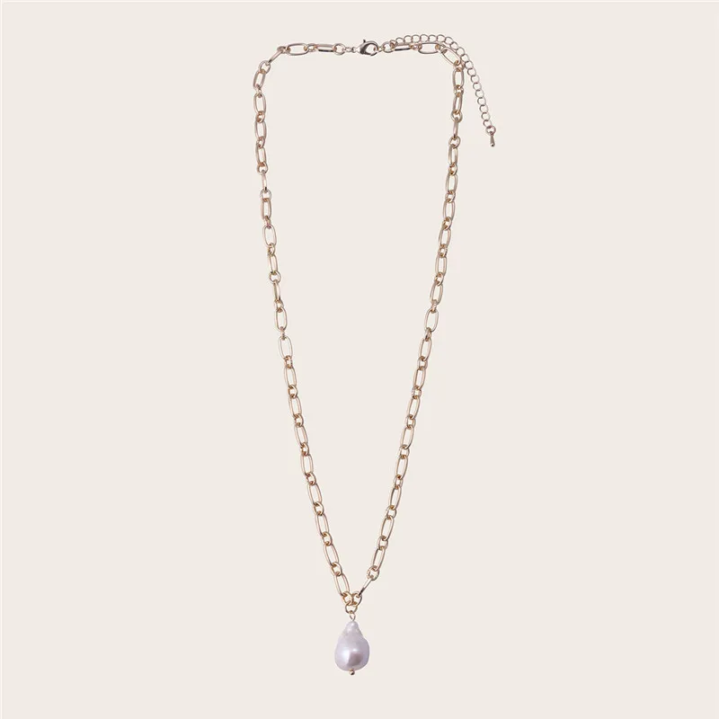 

TIMEONLY Fashion Waterdrop Simulated Pearl Shell Pendant Necklaces for Women Hollow Chain Metal Sweater Necklaces Charm Jewelry