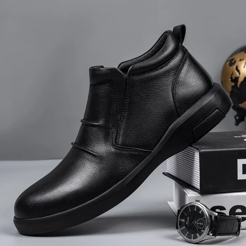 Зимняя обувь Мужские ботинки Челси Натуральная кожа Плюш Мех ssnow Кожаная sapato