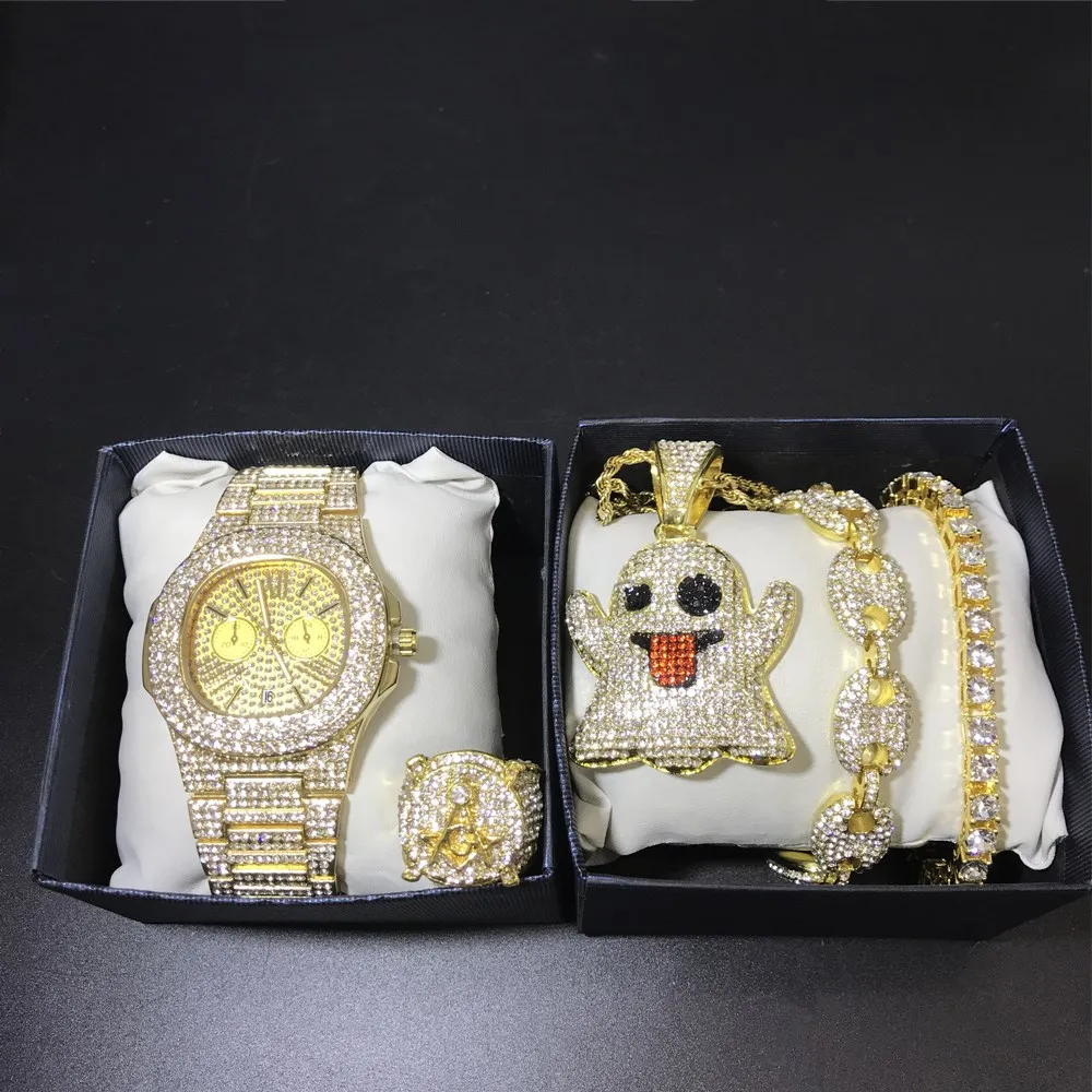 

Luxury Men Gold Watch Hip Hop Men Watch & Necklace& Braclete&Ring Ice Out Cuban Combo Set Jewerly Hip Hop Cuban Necklace For Men