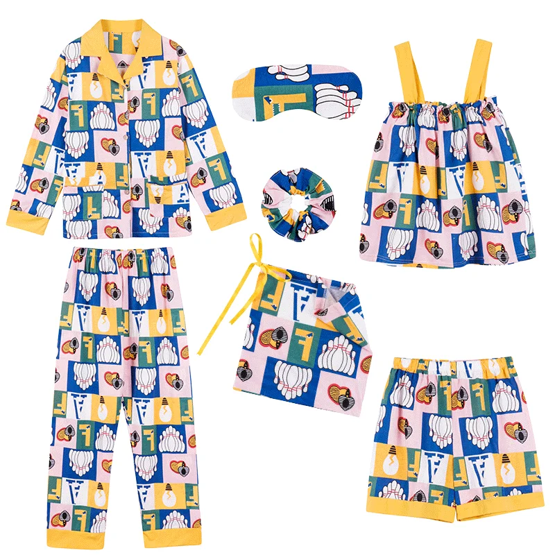 

Brand Spring 100% Cotton 7 Piece sets Elegant Women's Pajama Sets Female Sleepwear Lady Pyjamas Red Lounge Home Clothing