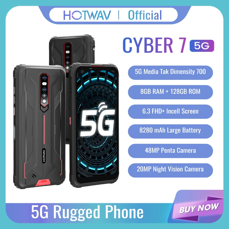 Hotwav Cyber 7 5G Rugged Phone 6.3 Inch FHD+ Screen 8GB RAM 128GB ROM 8280mAh Battery Smartphone 48MP Main Camera NFC Phone 2021