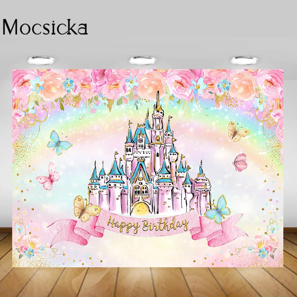 

Mocsicka Girls Happy Birthday Party Backdrop Decoration Pink Castle Rainbow Butterfly Flower Photography Background Photo Studio