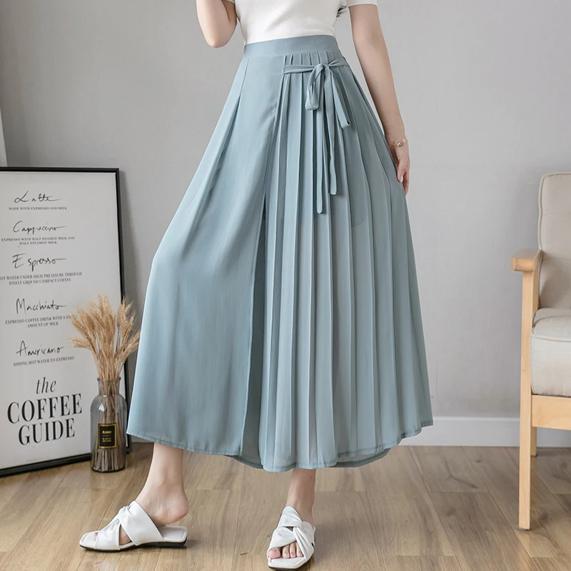 

Women Fashion High Waist Pleated Solid Color Mid-calf Length Skirt All-match Chiffon Clothing Lady Casual Design Midi Skirts