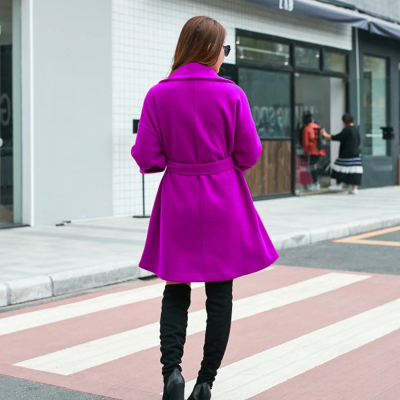 

Autumn Winter Fashion Solid Color Long Jacket Coat Women Notched Long Sleeve Thick Sashes Woolen Outerwear