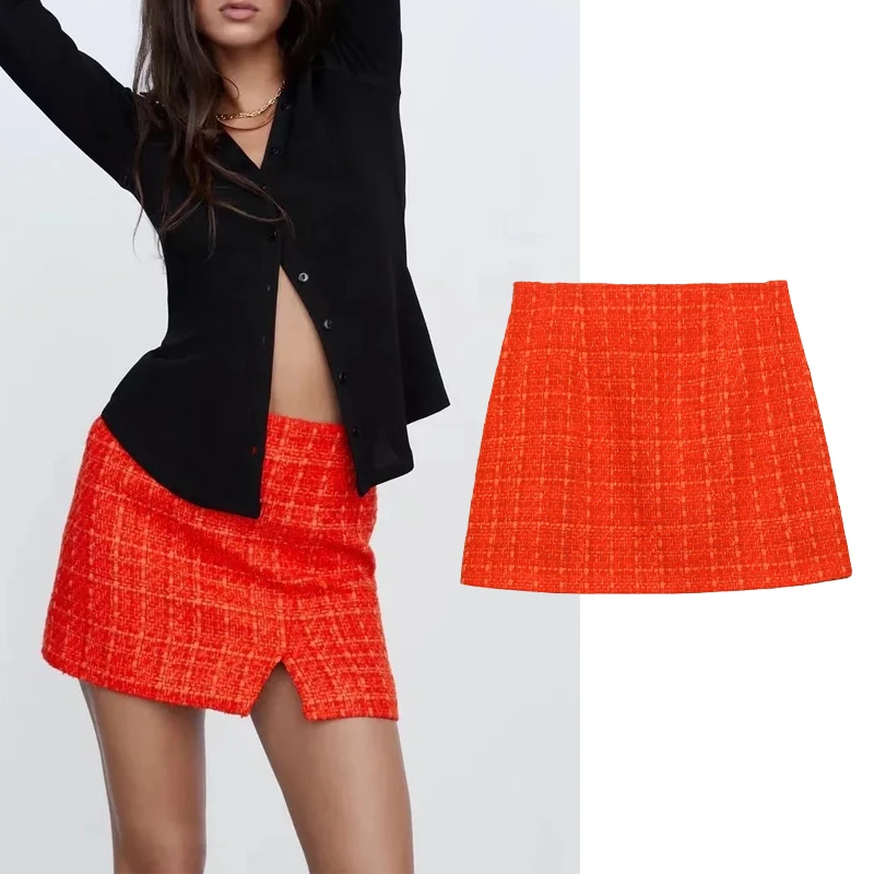 

Женская мини-юбка с высокой талией Za, облегающая короткая юбка оранжевого цвета с принтом на подкладке, y2k, осень 2021